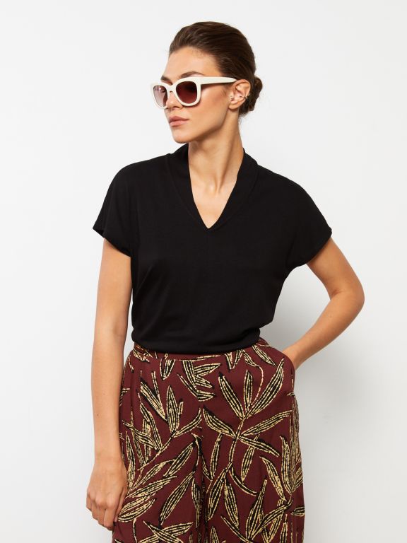 V Neck Straight Short Sleeve Women Blouse