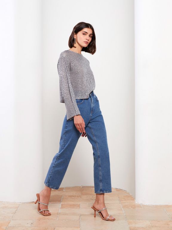 High Waisted Straight Fit Women's Denim Trousers