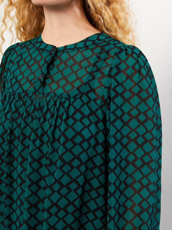 Crew Neck Patterned Long Sleeve Chiffon Women's Dress
