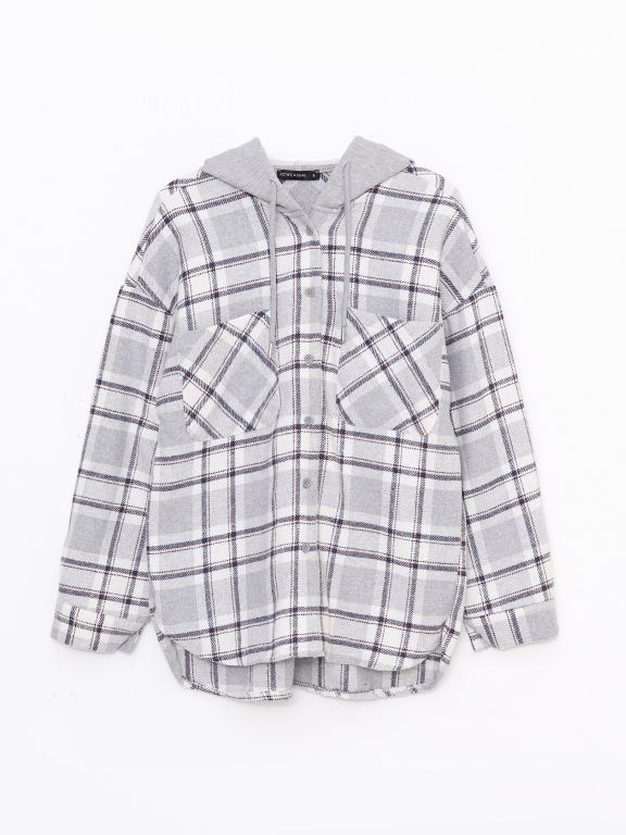Hooded Plaid Long Sleeve Flannel Oversize Women Lumberjack Shirt Jacket