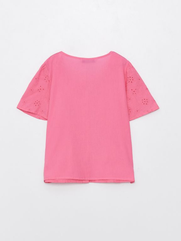 Crew Neck Scalloped Detailed Short Sleeve Girl's Shirt