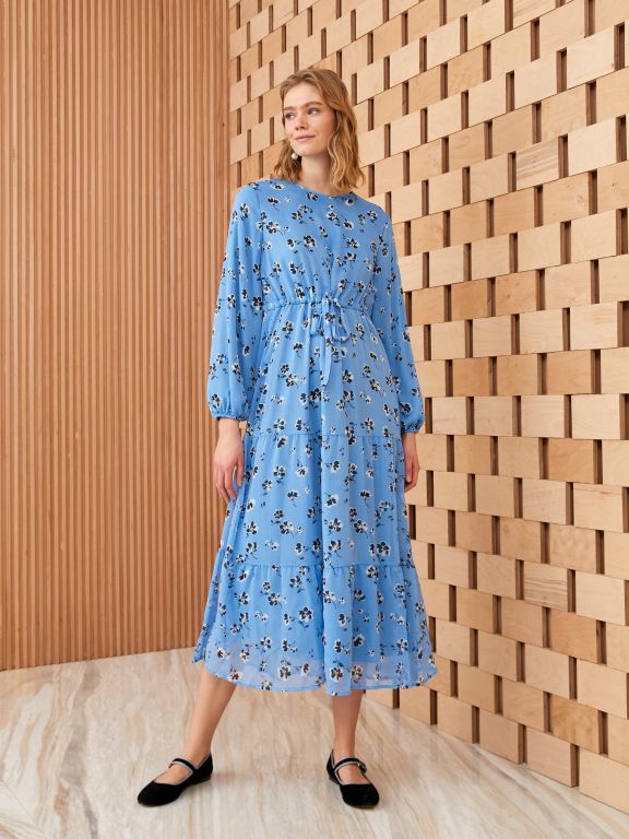 Women's Crew Neck Patterned Long Sleeve Dress
