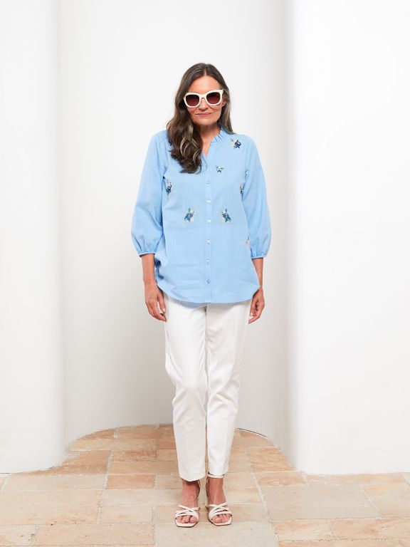Women's Crew Neck Embroidery Cotton Shirt