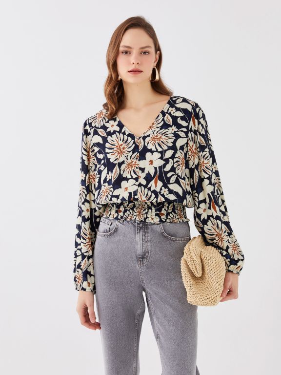 Women's V-Neck Floral Long Sleeve Blouse