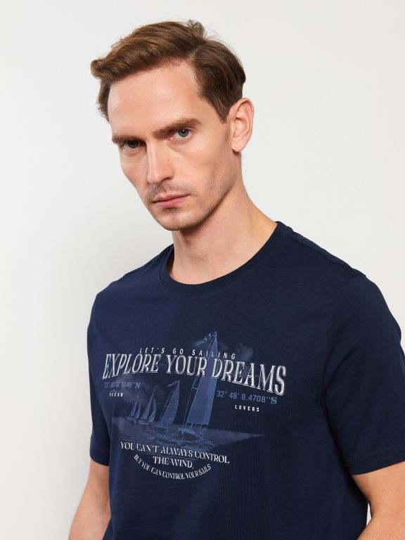 Crew Neck Short Sleeve Printed Combed Cotton Men's T-shirt