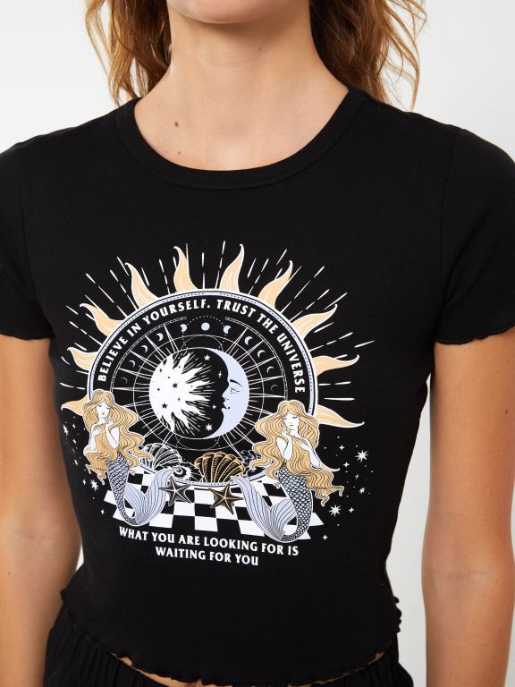 Crew Neck Printed Short Sleeve Women's Crop