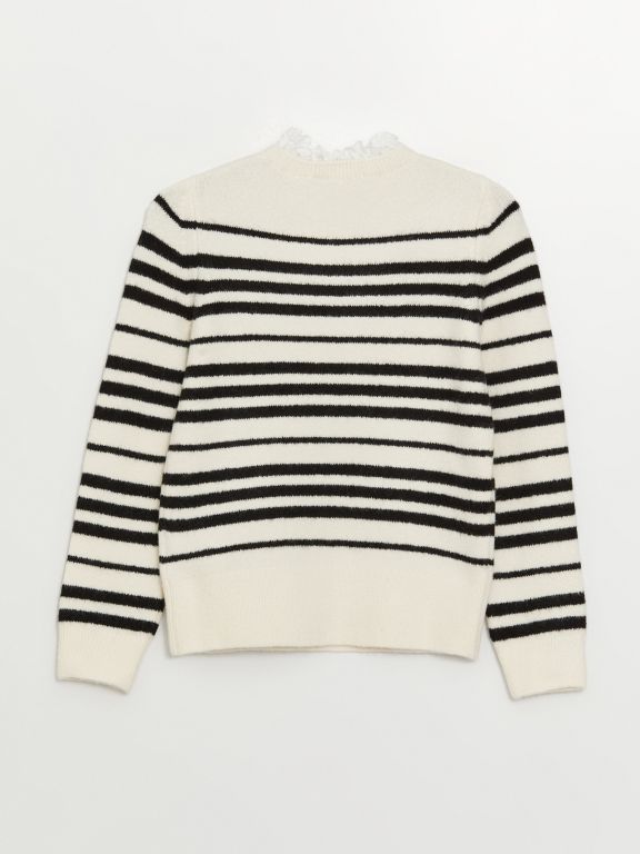 Crew Neck Striped Long Sleeve Women's Tricot Sweater