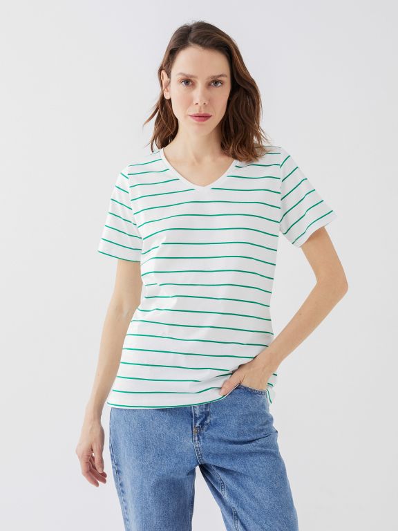 V Neck Striped Short Sleeve Women T-Shirt