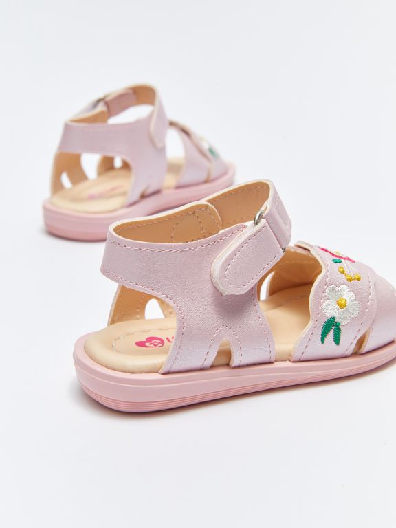 Floral Embroidered Velcro Closure Baby Girl Sandals