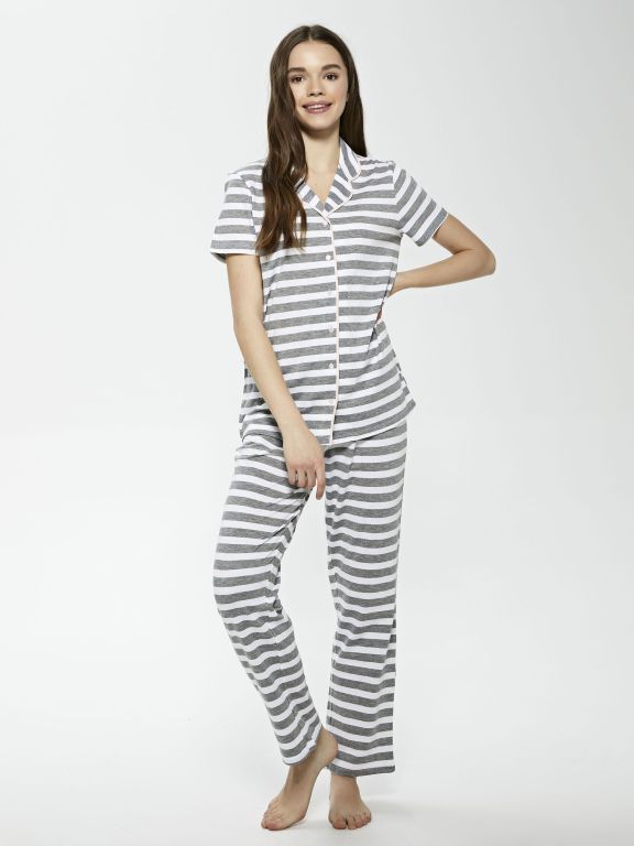 Shirt Collar Striped Short Sleeve Women's Pajamas Set