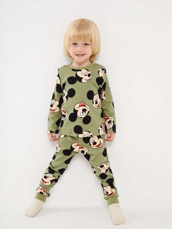 Crew Neck Long Sleeved Mickey Mouse Printed Baby Boy Pajamas Set