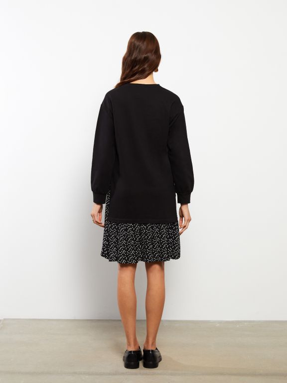 Crew Neck Patterned Long Sleeve Maternity Dress
