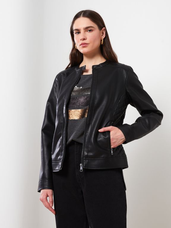 Crew Neck Regular Long Sleeve Women's Faux Leather Jacket
