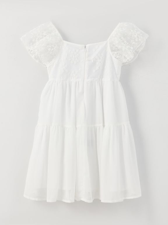 Square Collar Embroidered Short Sleeve Girls' Dress