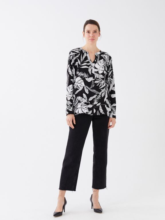 Henley Neckline Patterned Long Sleeve Women's Blouse