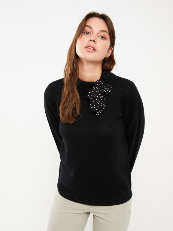Tie Collar Straight Long Sleeve Women's Knitwear Sweater