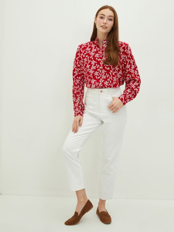 Ruffle Collar Floral Long Sleeve Viscose Women's Shirt