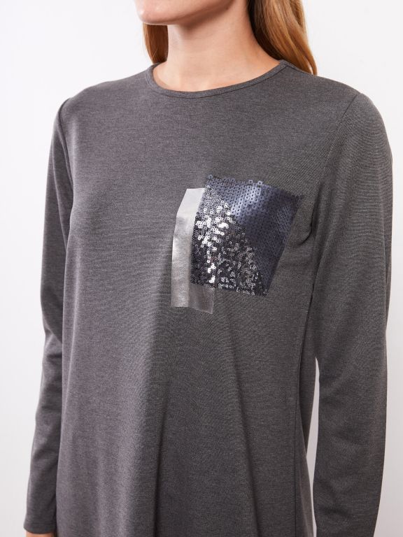Crew Neck Sequin Embroidered Long Sleeve Women's Tunic
