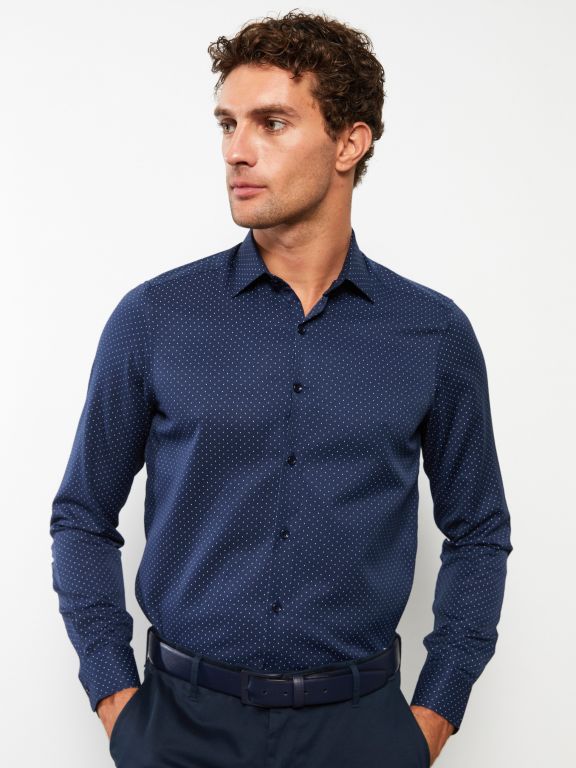 Slim Fit Long Sleeve Patterned Gabardine Men's Shirt