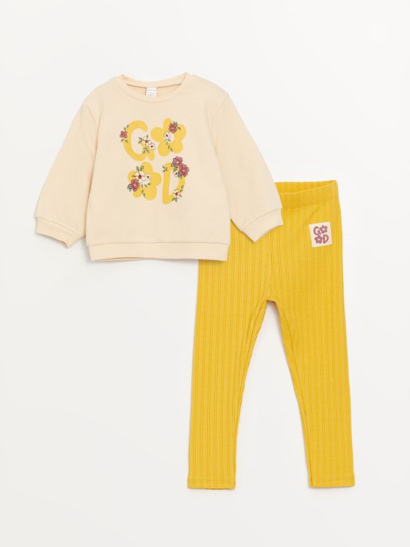 Crew Neck Long Sleeve Printed Baby Girl Sweatshirt and Tights 2-Pack Set