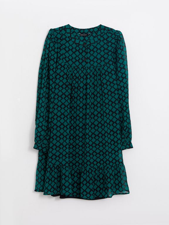 Crew Neck Patterned Long Sleeve Chiffon Women's Dress