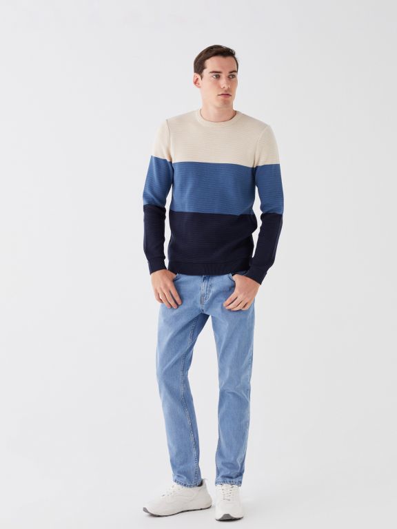 Crew Neck Long Sleeve Men's Tricot Sweater with Color Block