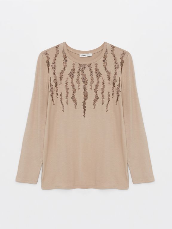 Crew Neck Patterned Long Sleeve Women's T-shirt