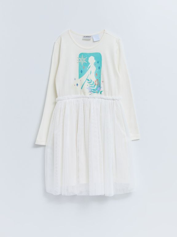 Crew Neck Elsa Printed Long Sleeve Girl Dress