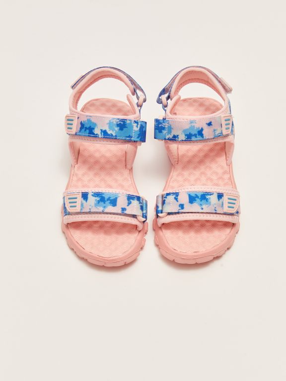 Double Band Patterned Hook and Loop Girls' Sandals
