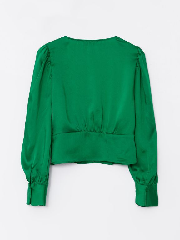 V-Neck Straight Long Sleeve Satin Women's Blouse