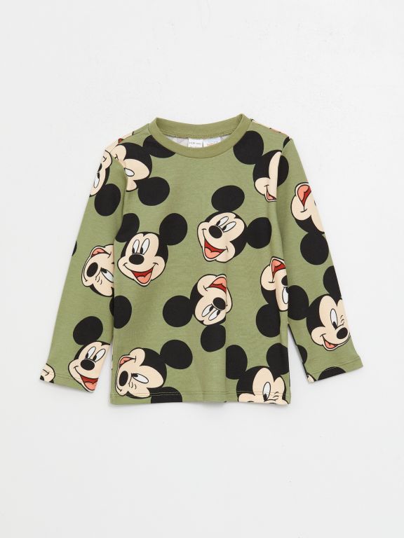 Crew Neck Long Sleeved Mickey Mouse Printed Baby Boy Pajamas Set