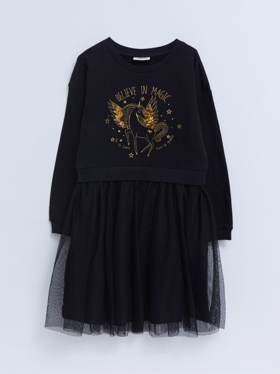 Crew Neck Printed Long Sleeve Girl Dress