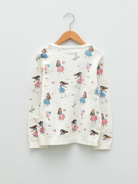Crew Neck Patterned Long Sleeve Girl Tricot Cardigan