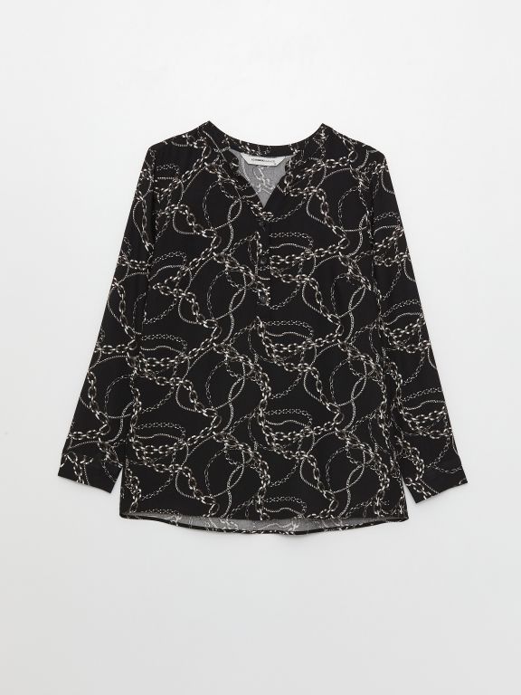 Henley Neckline Patterned Long Sleeve Women's Blouse