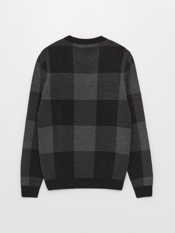 Crew Neck Long Sleeve Plaid Men's Tricot Sweater