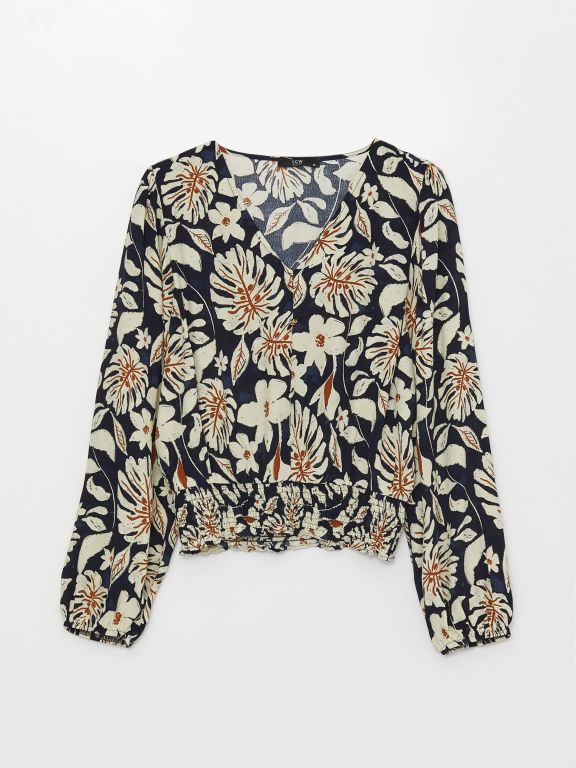 Women's V-Neck Floral Long Sleeve Blouse