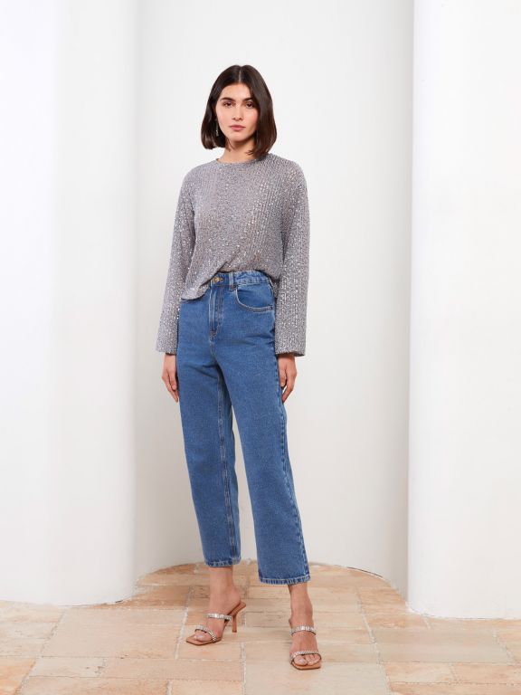 High Waisted Straight Fit Women's Denim Trousers