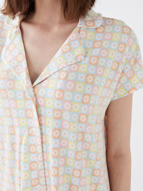 Shirt Collar Patterned Short Sleeve Women's Pajamas Set