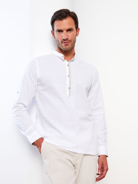 Slim Fit Judge Collar Long Sleeve Poplin Men's Shirt