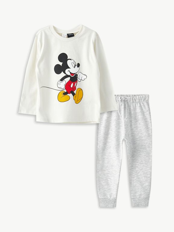 Crew Neck Long Sleeve Mickey Mouse Printed Baby Boy T-shirt and Trousers 2-Pack Set