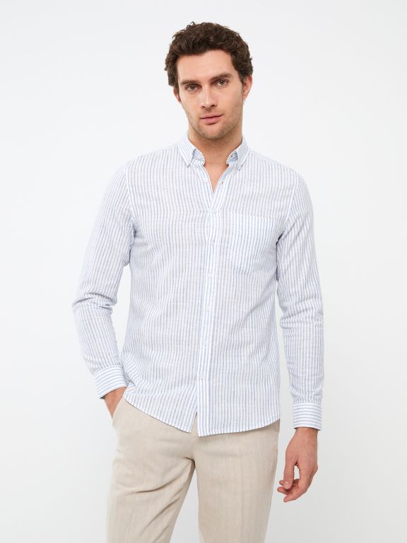 Regular Fit Long Sleeve Striped Poplin Men's Shirt
