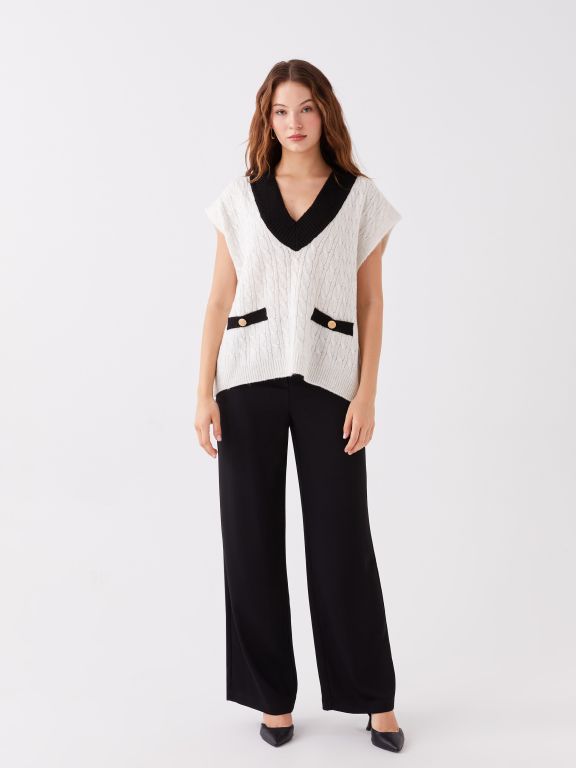 V-Collar Self-Patterned Oversized Women's Sweater