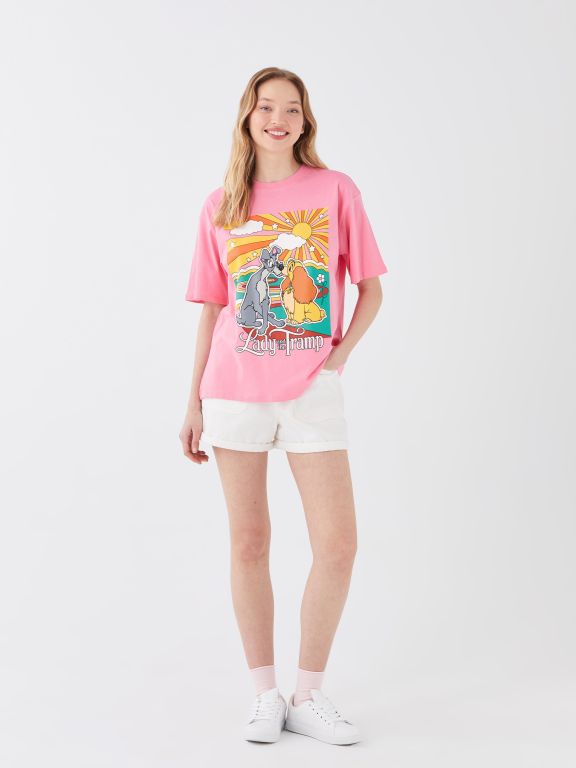 Crew Neck Lady And The Tramp Printed Short Sleeve Women's T-Shirt