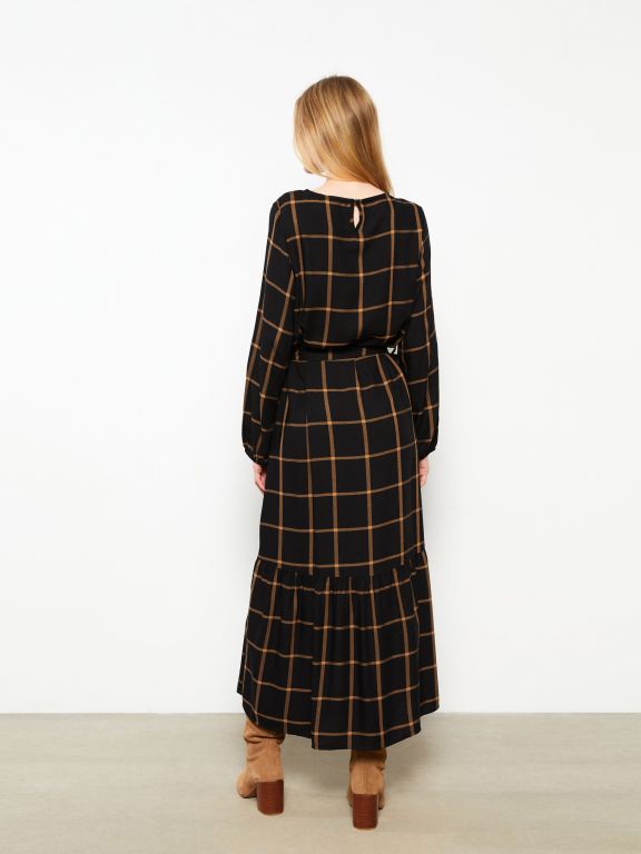 Crew Neck Plaid Long Sleeve Gabardine Women Shirt Dress