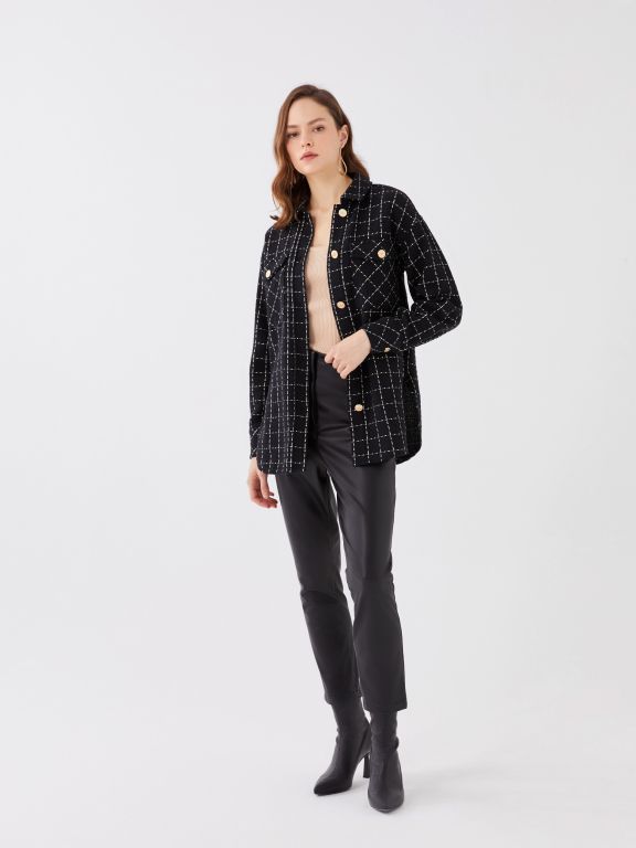 Patterned Long Sleeve Tweed Oversize Women's Shirt Jacket