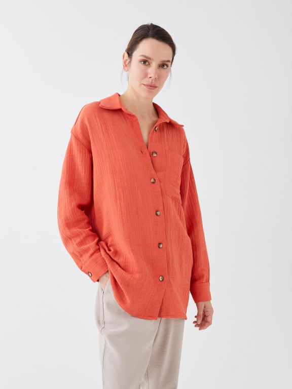 Shirt Collar Straight Long Sleeve Oversize Muslin Women's Tunic