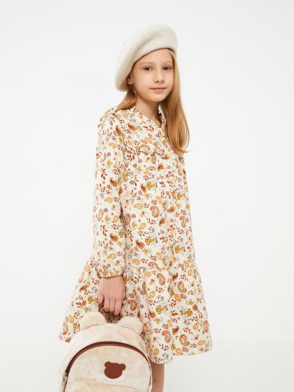 Crew Neck Patterned Long Sleeve Gabardine Girl Dress