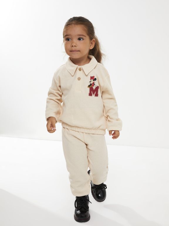 Polo Neck Long Sleeve Minnie Mouse Printed Baby Girl T-shirt and Trousers 2-Pack Set