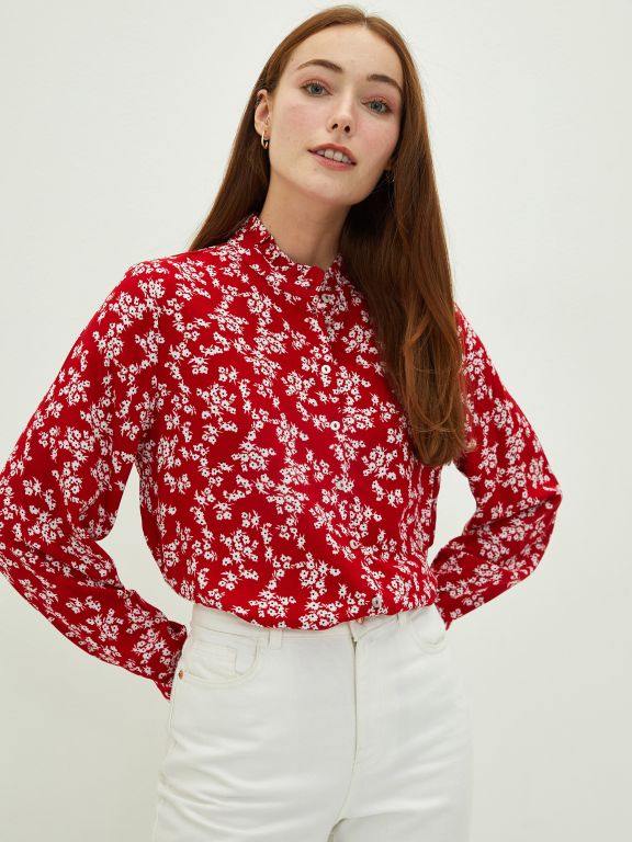 Ruffle Collar Floral Long Sleeve Viscose Women's Shirt