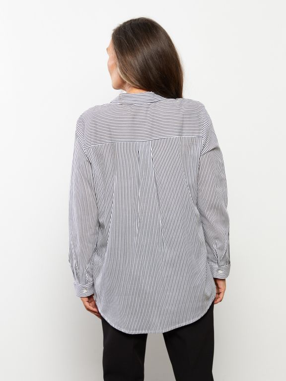 Striped Shirt Collar Long Sleeve Cotton Women's Tunic